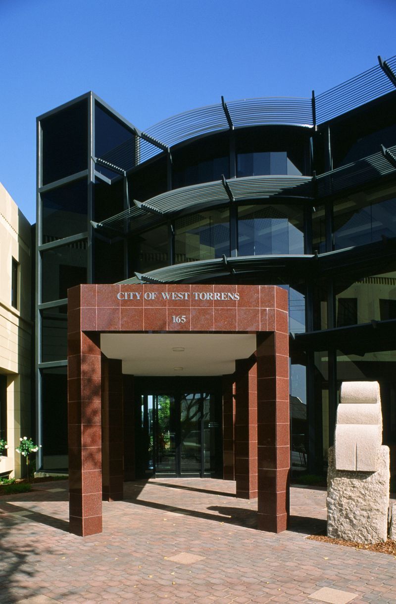 West Torrens Civic Centre entrance with 'Guardian Stone of Good Government'.