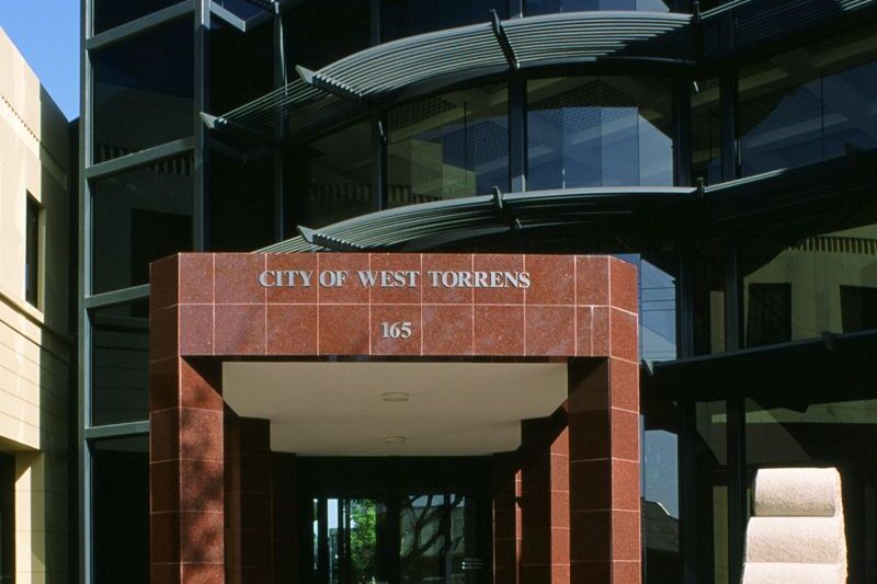 West Torrens Civic Centre entrance with 'Guardian Stone of Good Government'.